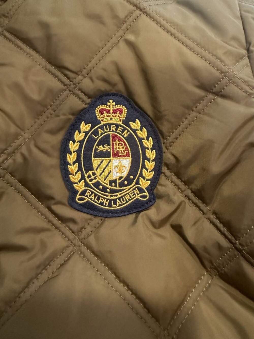 Lauren Ralph Lauren Olive Quilted Hooded Coat Crest Patch Plaid Lined Petite S